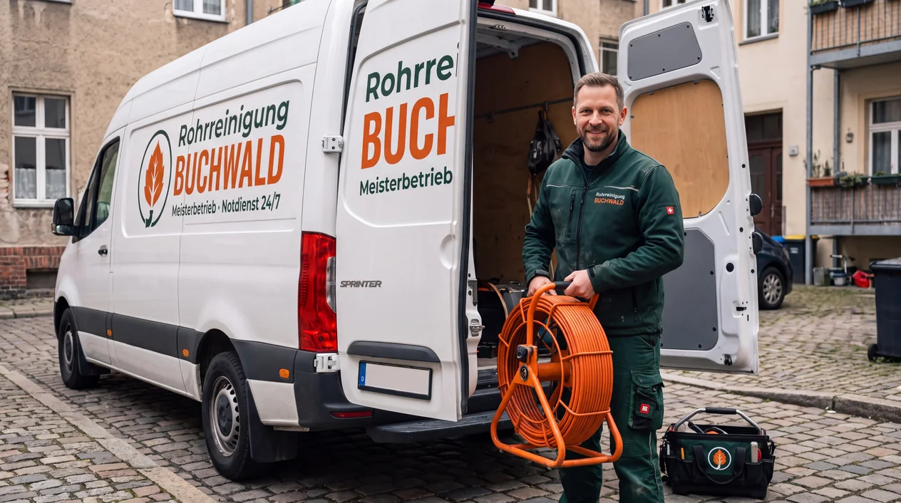 Matthias Buchwald vor dem Einsatzwagen von Rohrreinigung Buchwald — IHK-Meisterbetrieb seit 1984